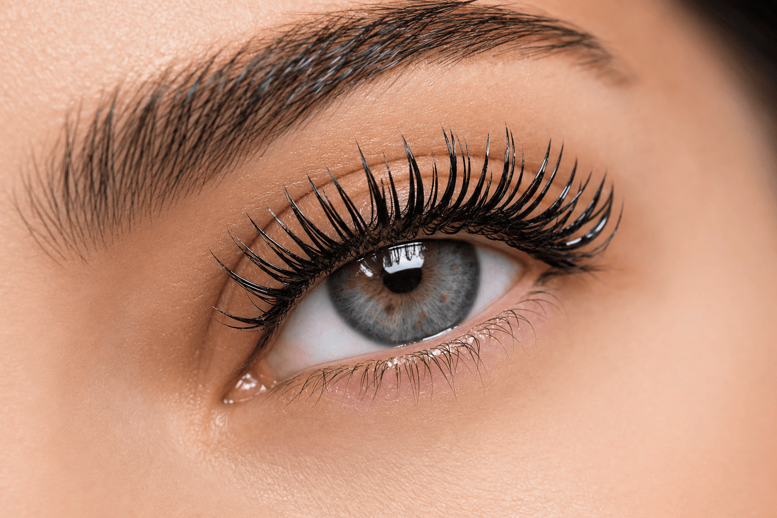 Close-up of glossy wet-effect lash extensions